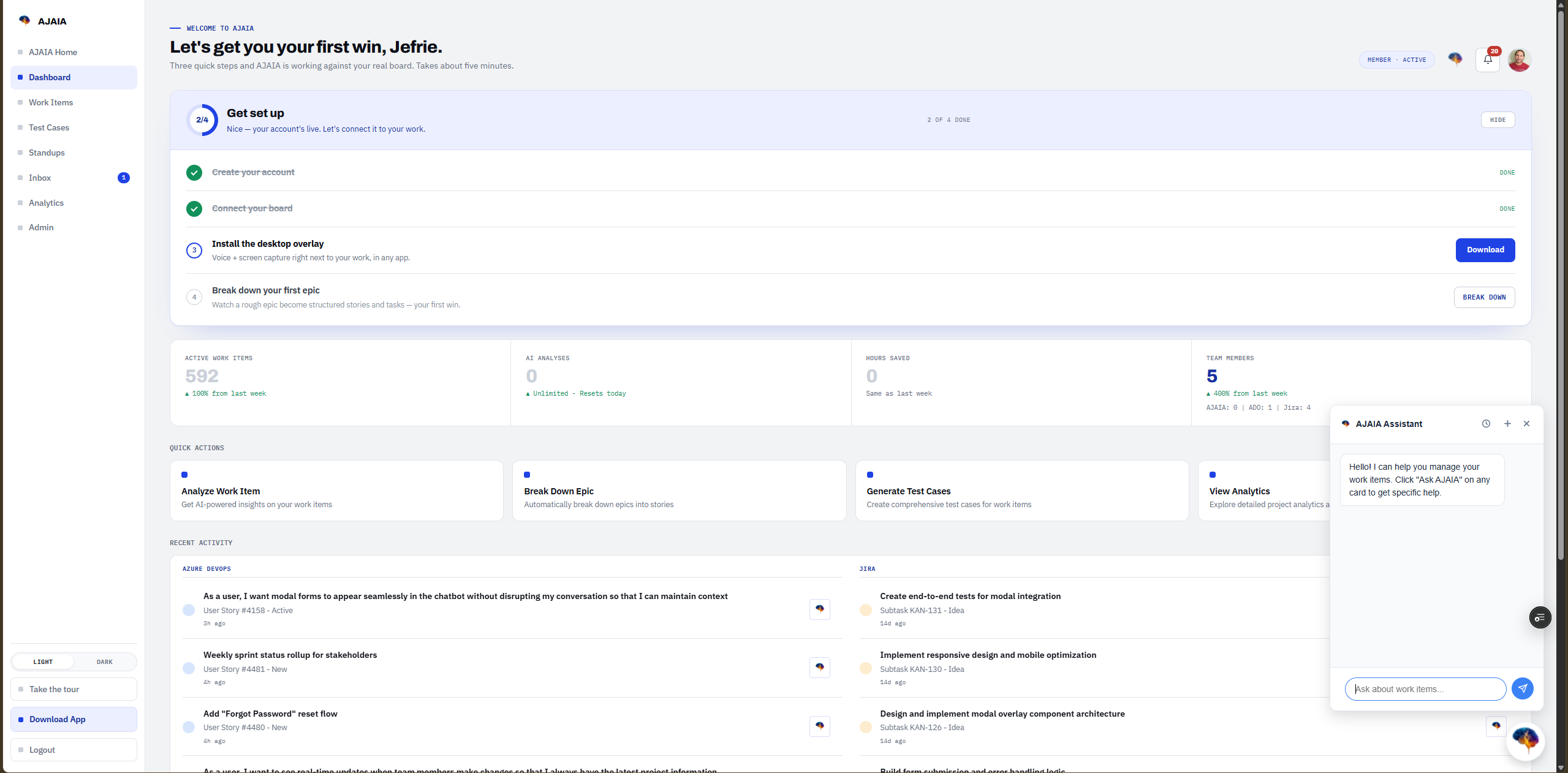 AJAIA assistant panel open over the dashboard, ready to answer questions about work items