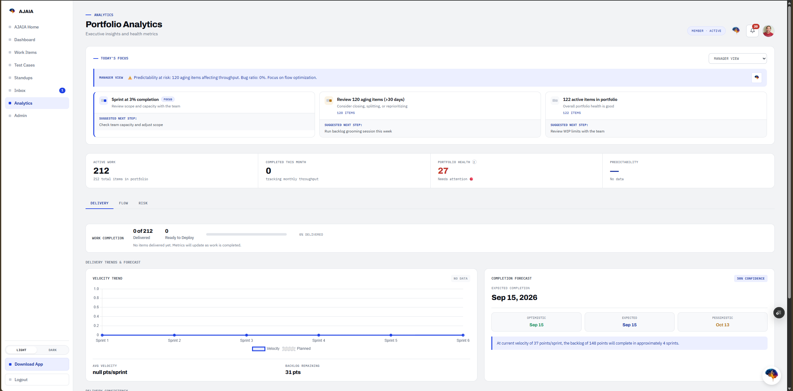 AJAIA portfolio analytics: executive insights, health metrics, delivery trends, and a completion forecast