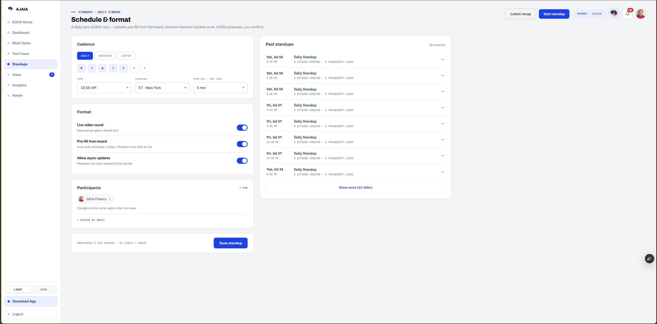 AJAIA standups: schedule and format for a daily sync, with cadence, live video round, and past sessions
